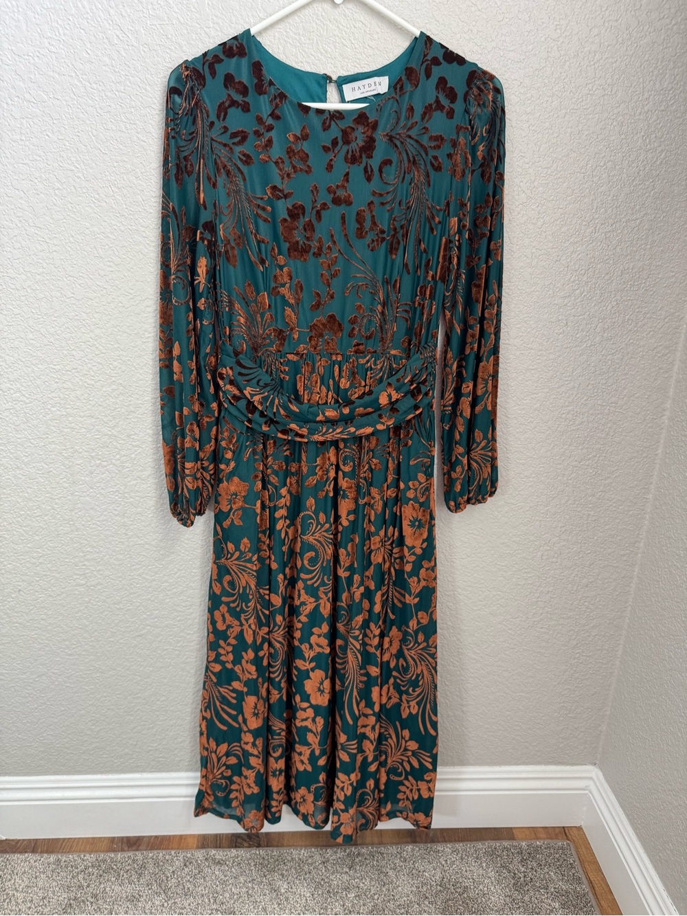 Hayden Teal Dress with Copper Velvet Floral Design Midi Length